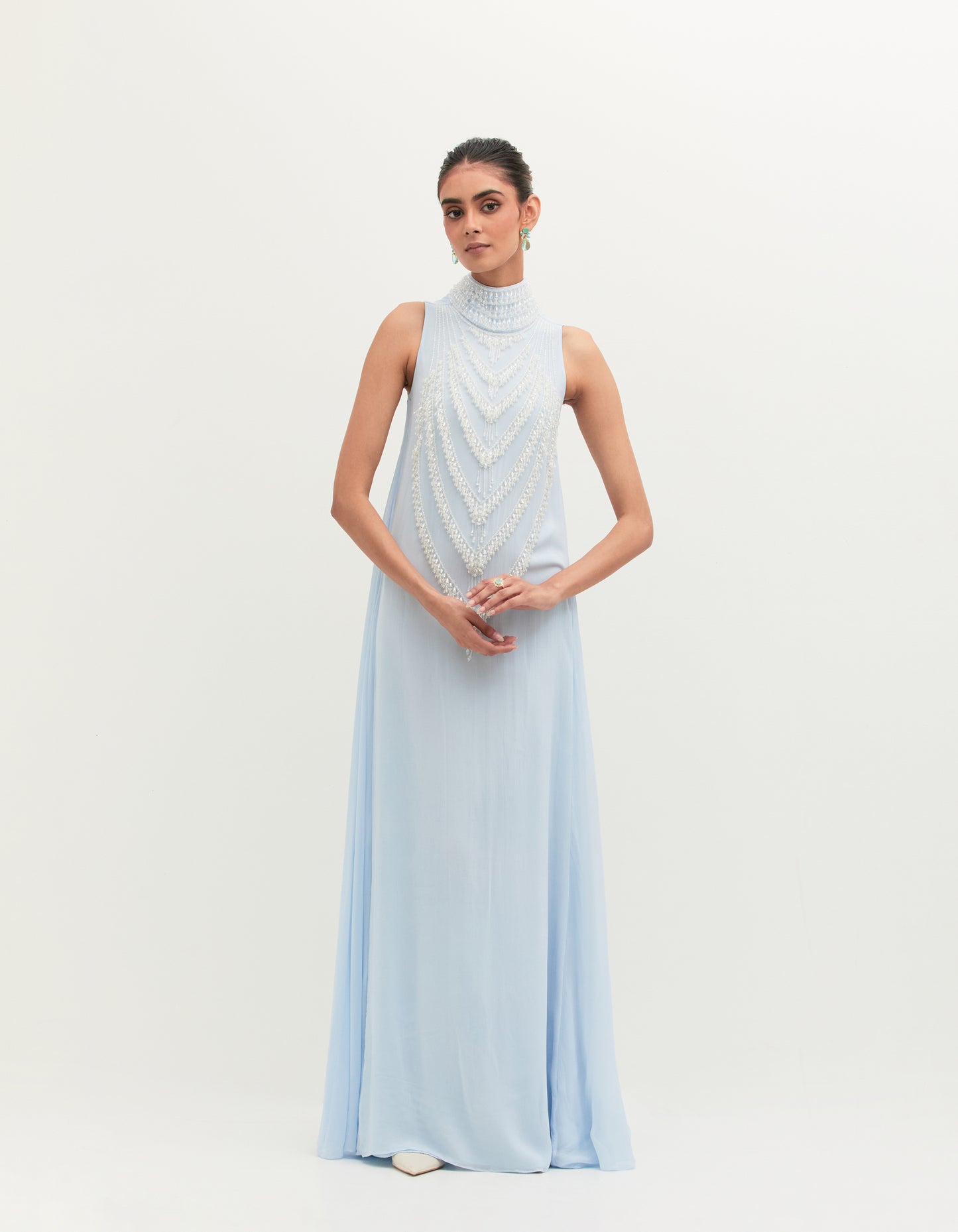 Divya Kapoor in Ice Blue Georgette Embroidered Gown