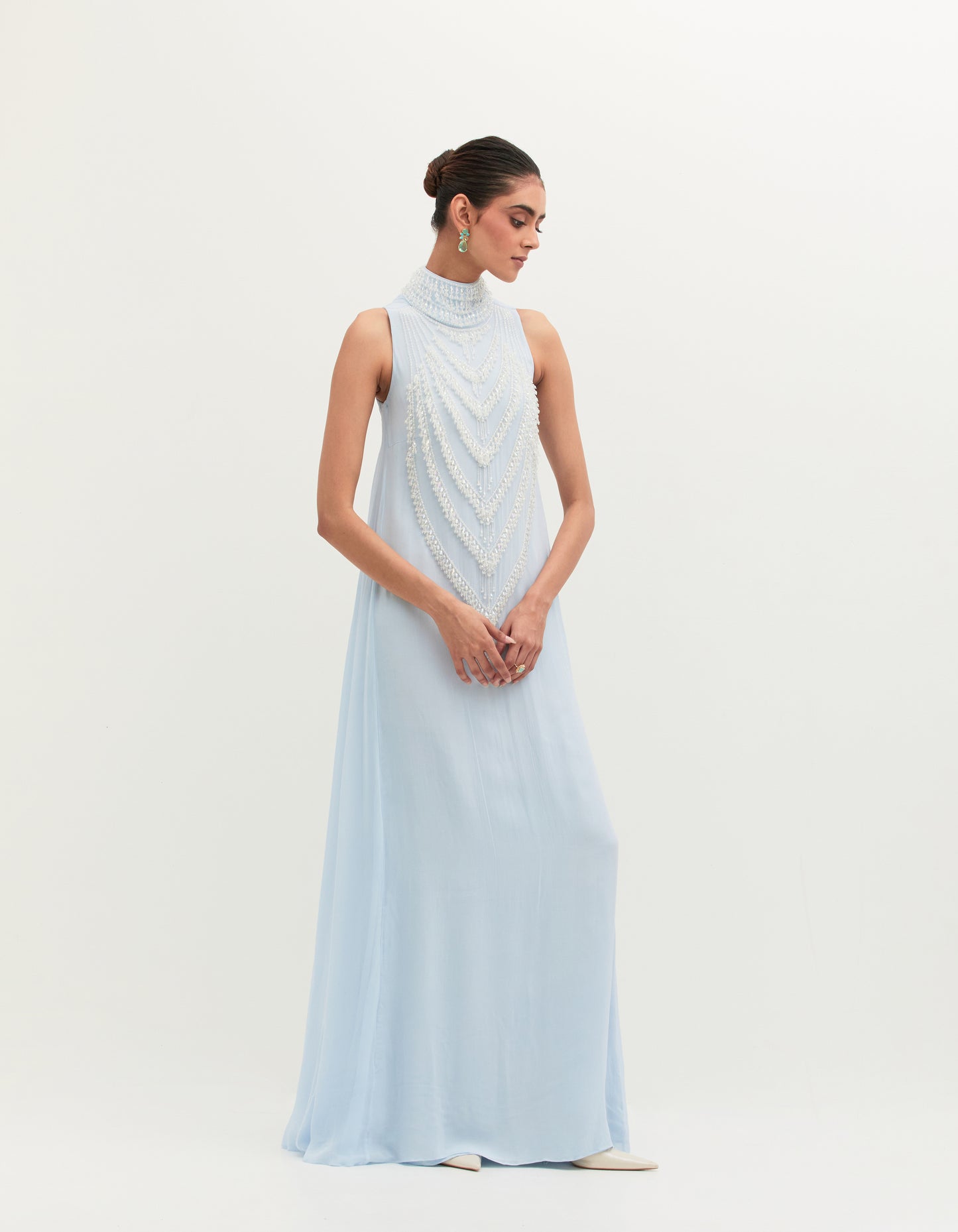 Divya Kapoor in Ice Blue Georgette Embroidered Gown