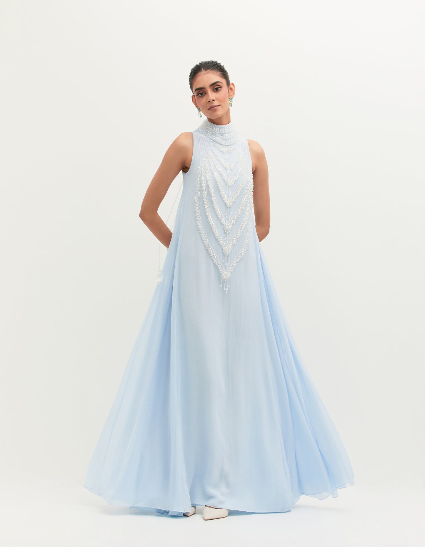 Divya Kapoor in Ice Blue Georgette Embroidered Gown