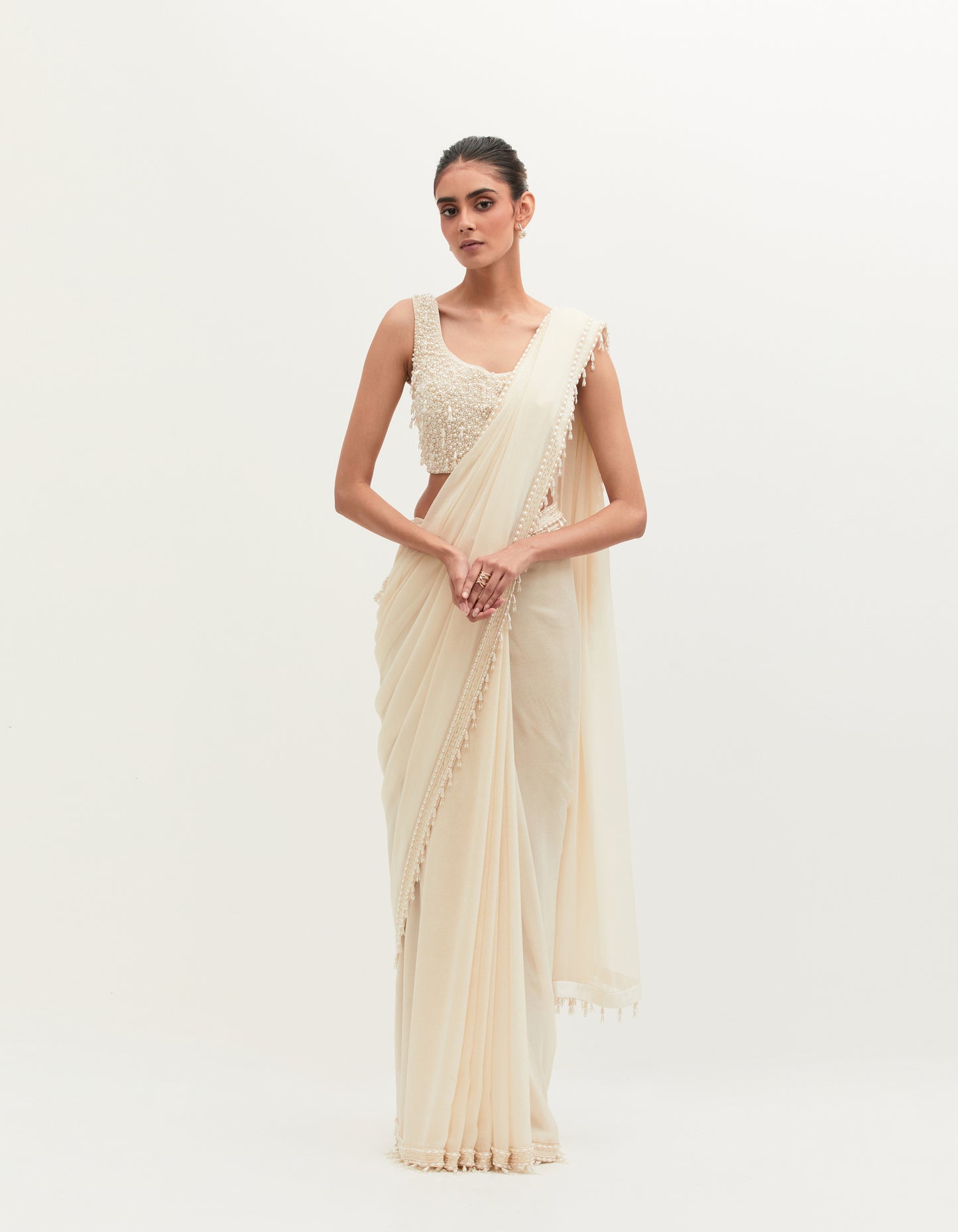 Masoom Minawala in Mehta Ivory Georgette Embroidered Saree Set