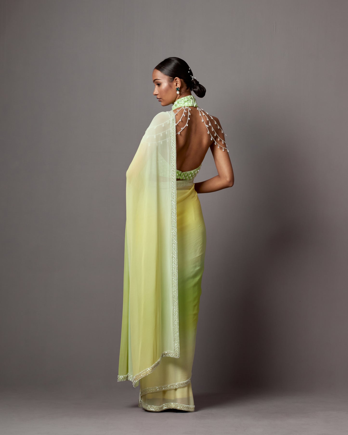 Riddhima Kapoor in Lime & Yellow Georgette Crystal Work Ombre Saree Set