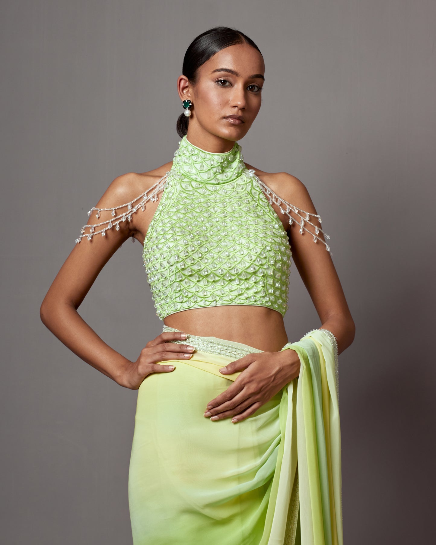 Riddhima Kapoor in Lime & Yellow Georgette Crystal Work Ombre Saree Set