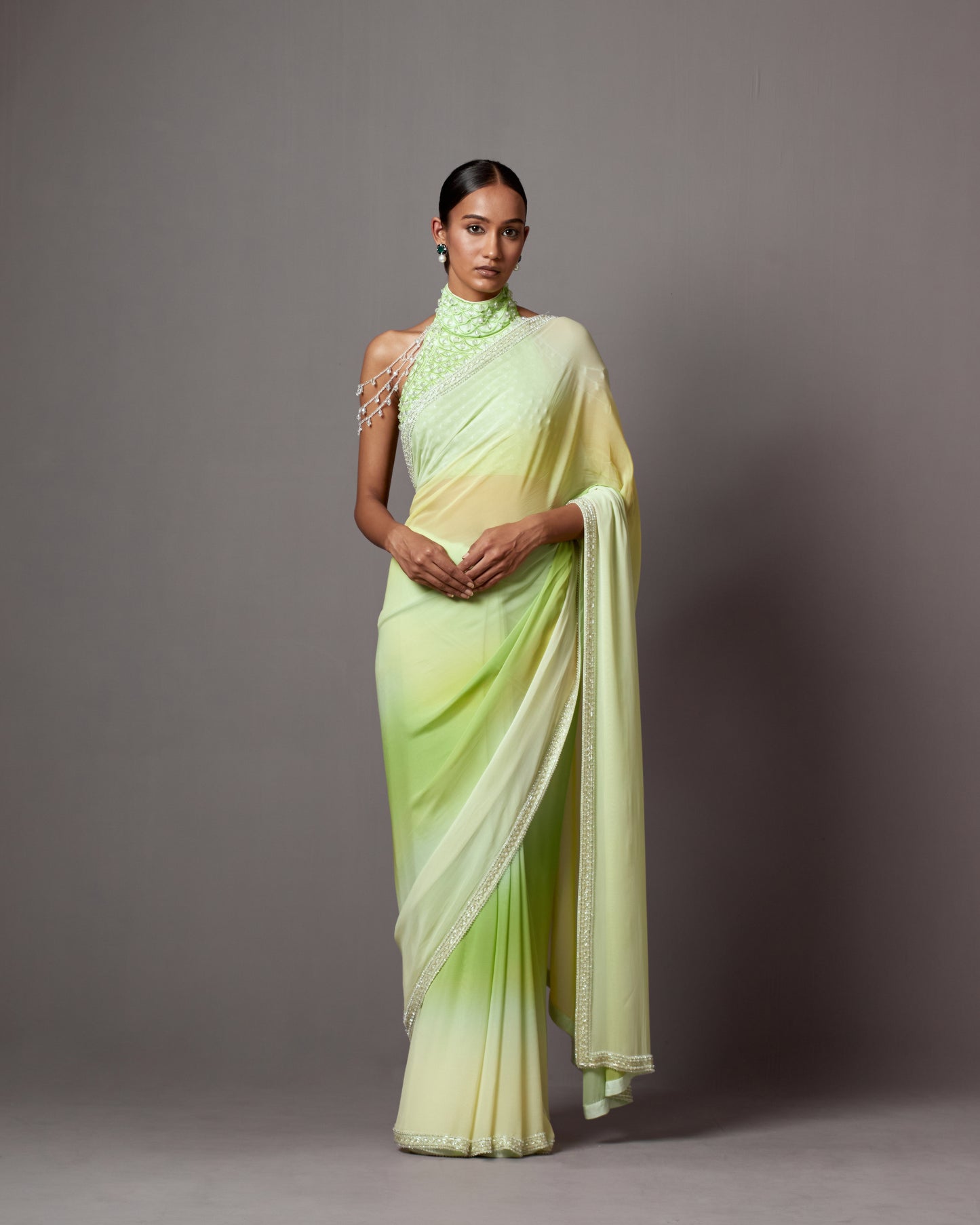 Riddhima Kapoor in Lime & Yellow Georgette Crystal Work Ombre Saree Set