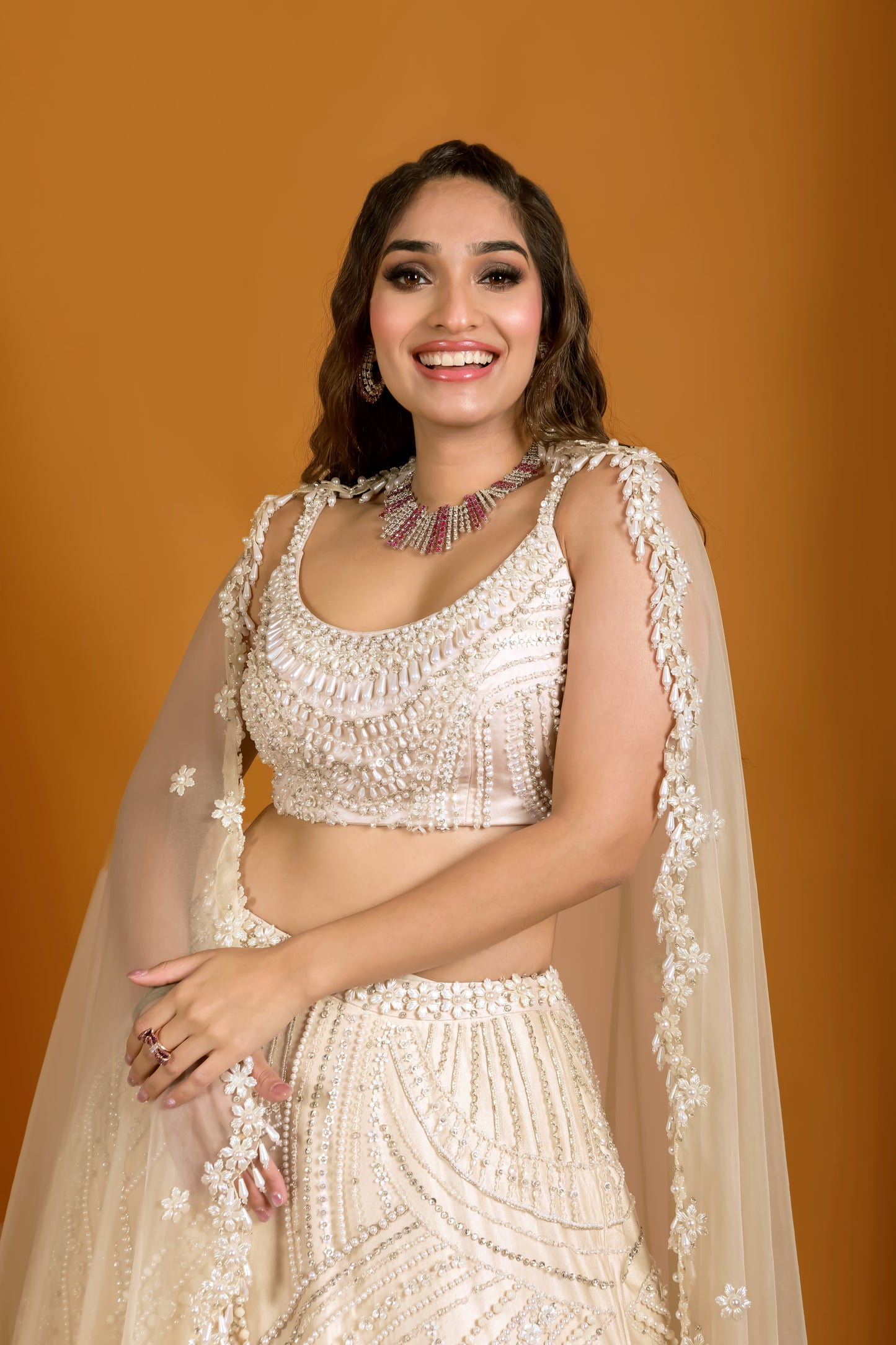 Tasheen Rahimtoola in Champagne Queen of Pearl Lehenga Set