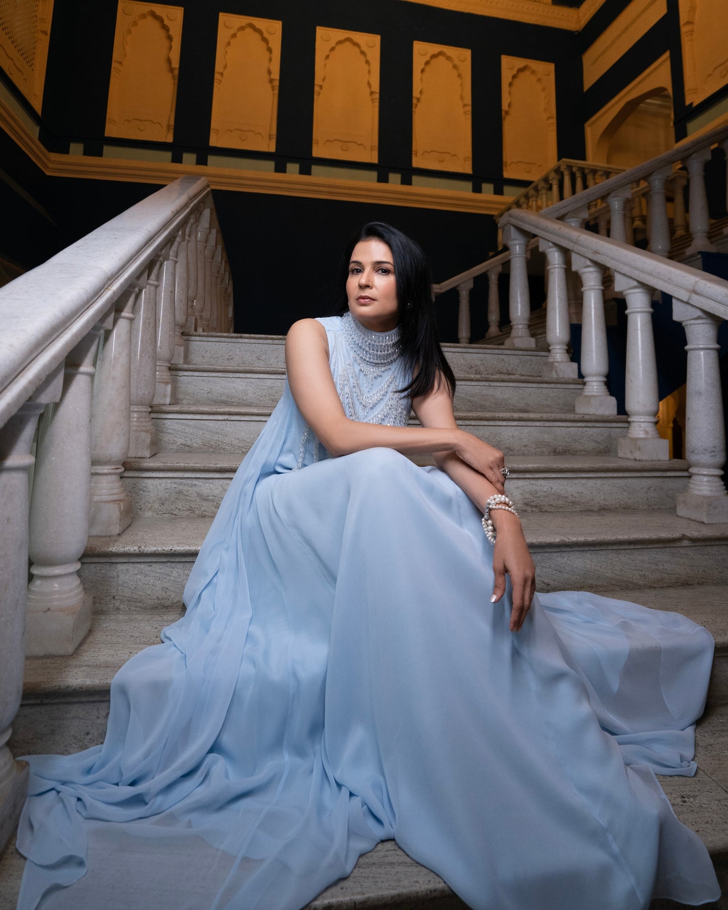 Divya Kapoor in Ice Blue Georgette Embroidered Gown