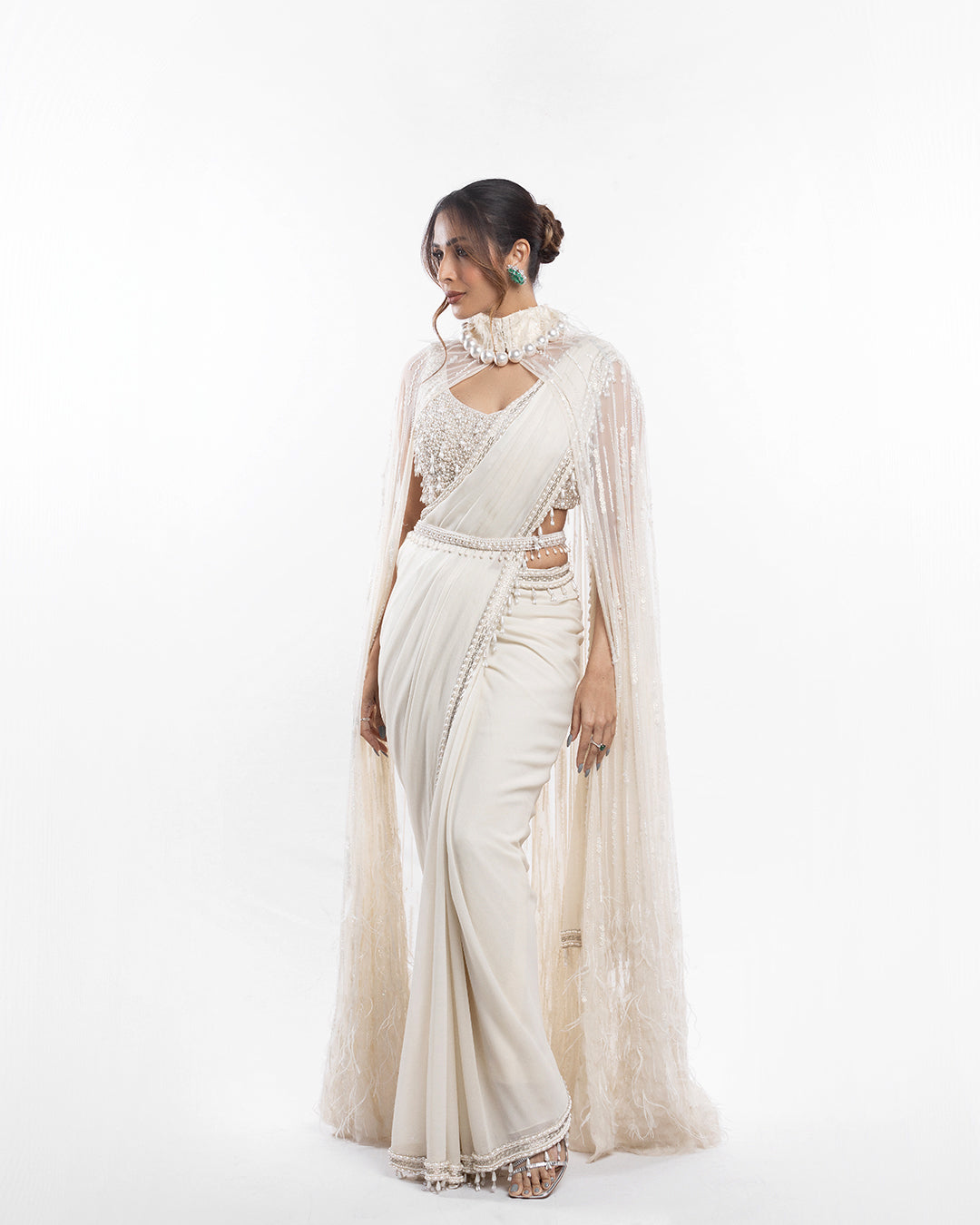 Malaika Arora in Ivory Foil Georgette Saree Set