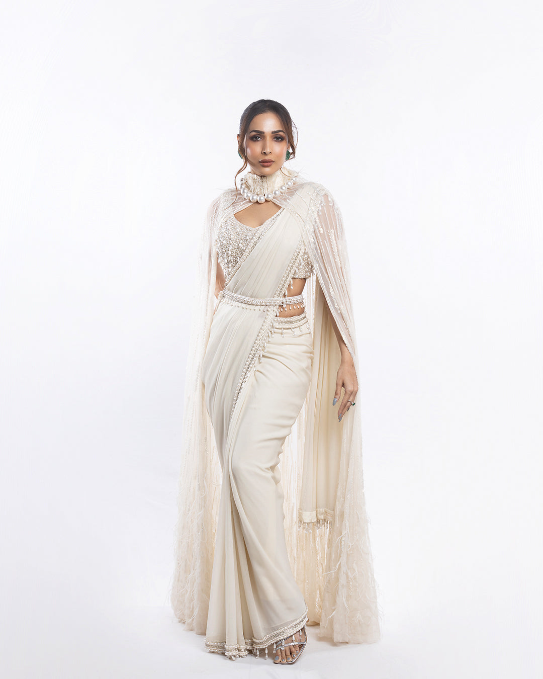 Malaika Arora in Ivory Foil Georgette Saree Set