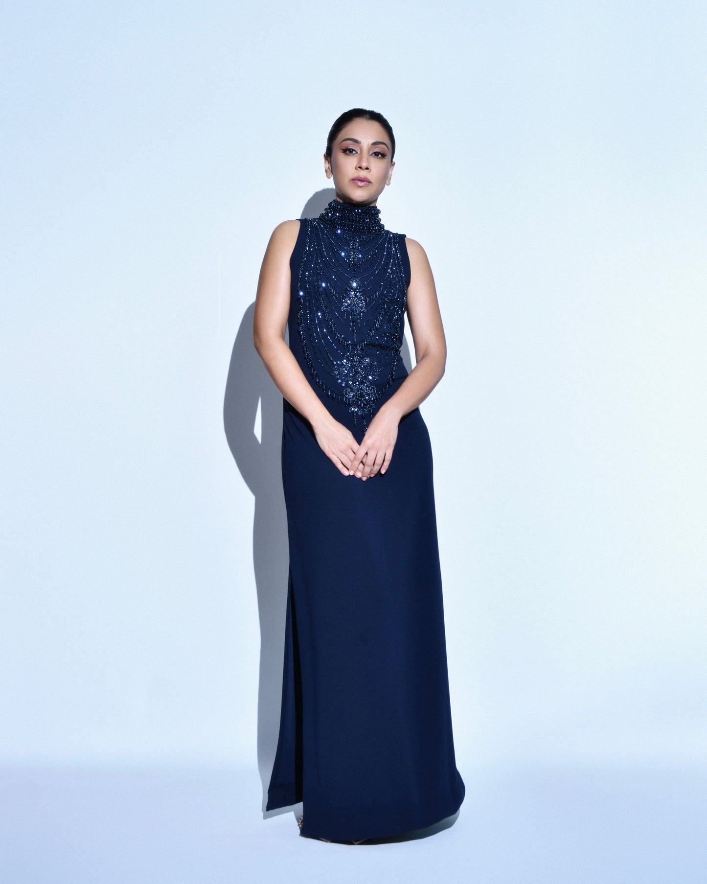 Tapsee Pannu in Navy Blue Scuba Georgette Embroidered Gown