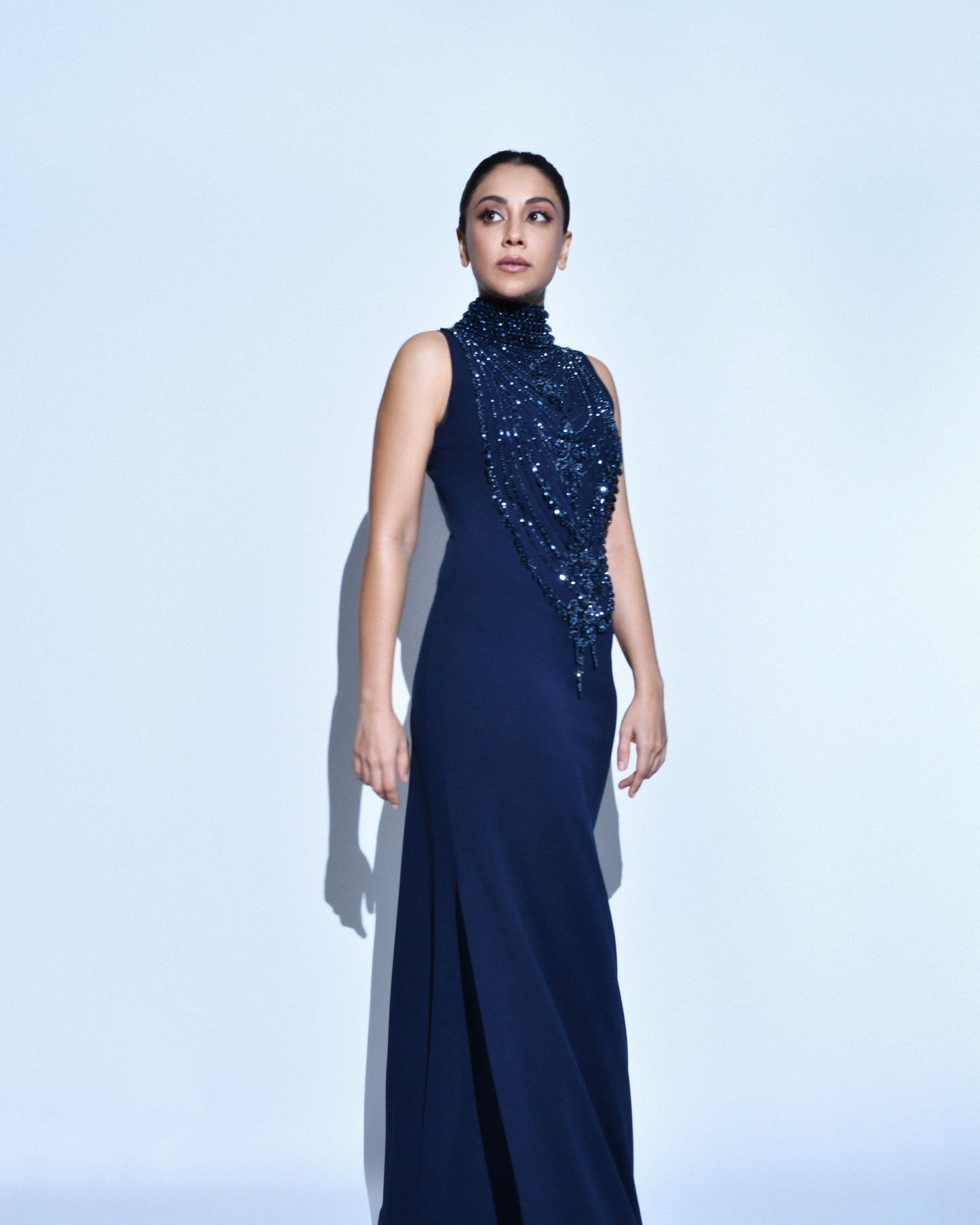 Tapsee Pannu in Navy Blue Scuba Georgette Embroidered Gown
