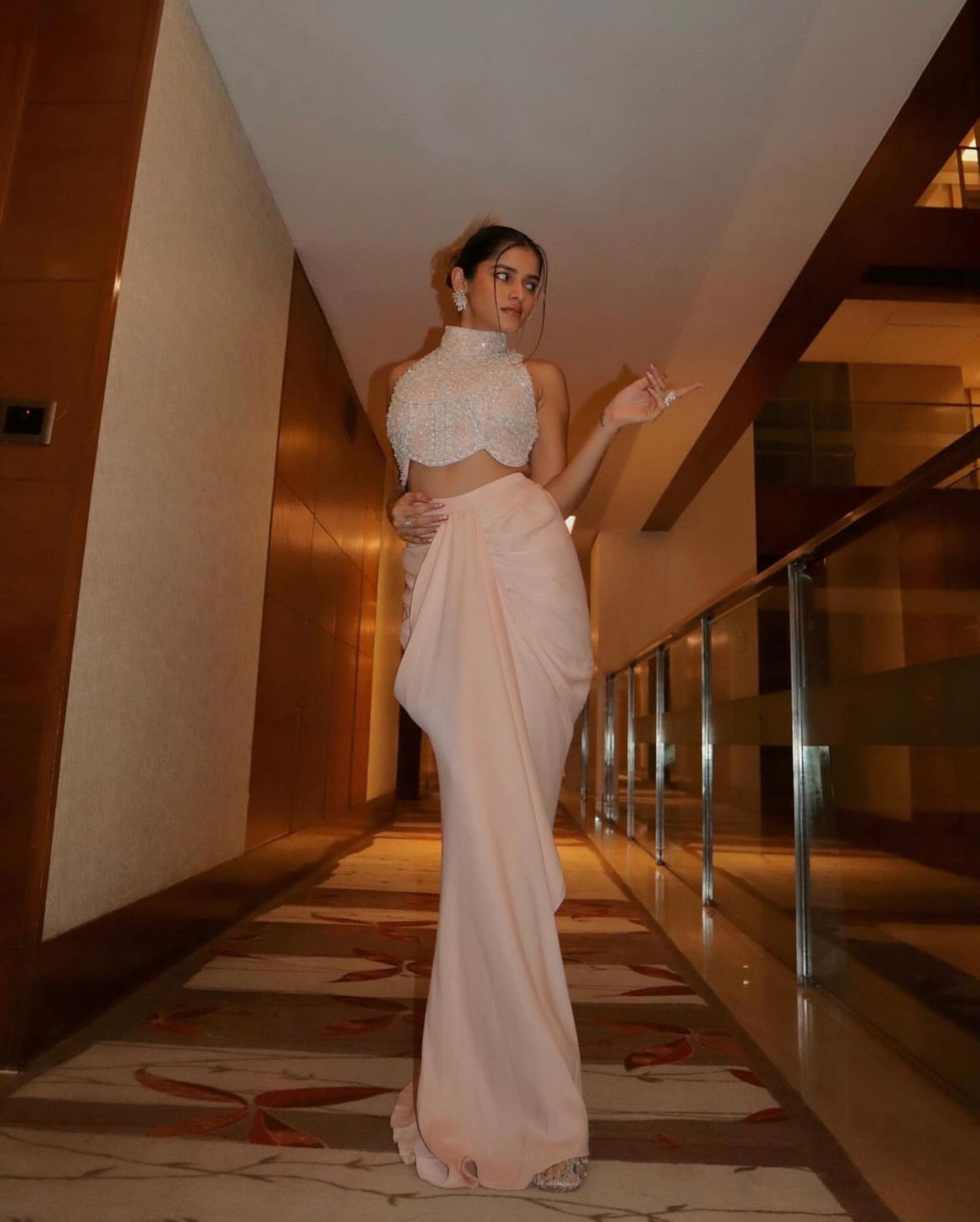 Meghana Kaur in Pastel Pink Dull Crepe Satin Wrap Skirt Set