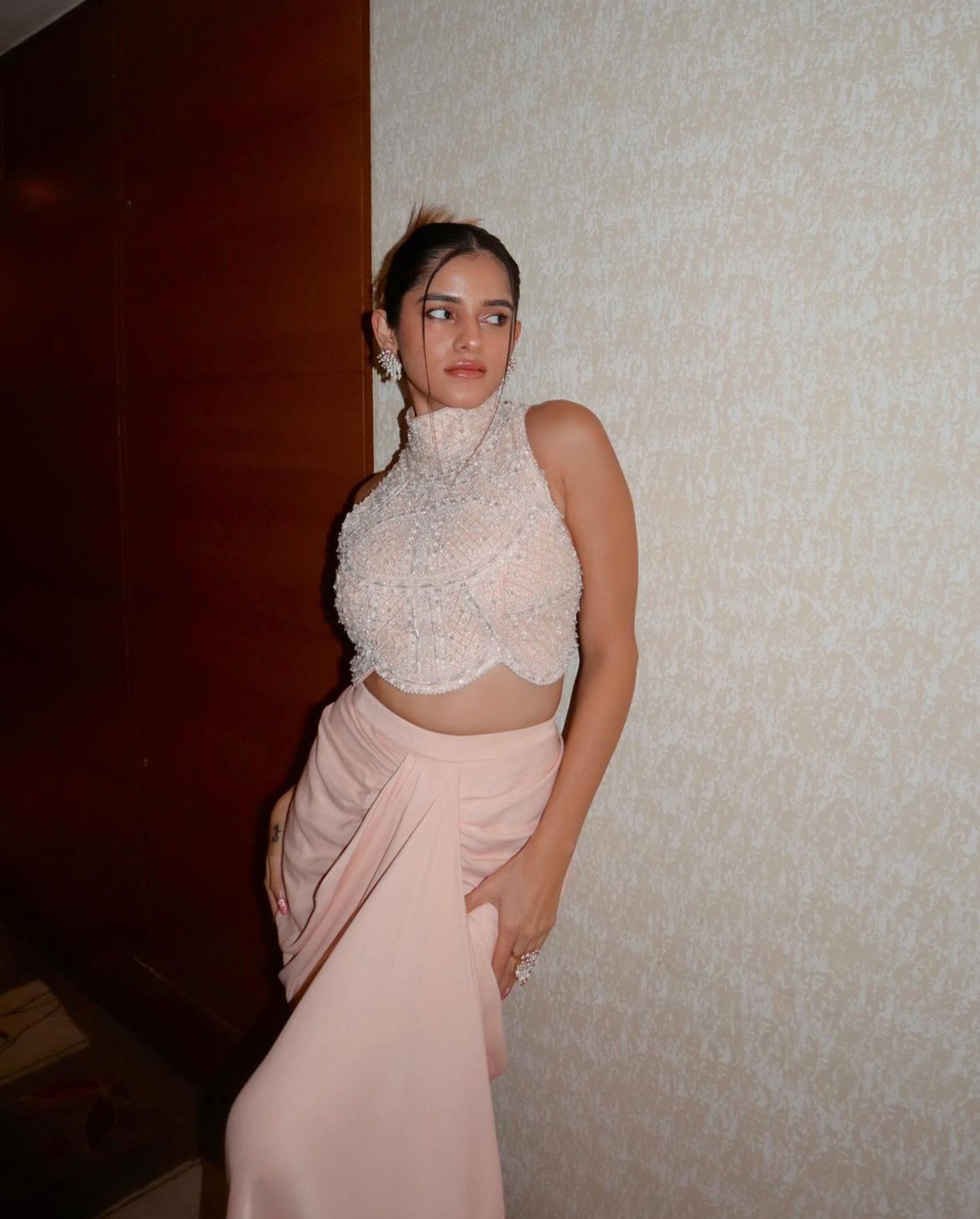 Meghana Kaur in Pastel Pink Dull Crepe Satin Wrap Skirt Set