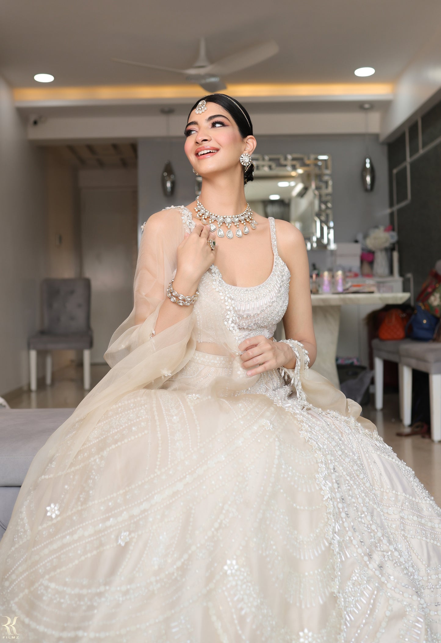 Tasheen Rahimtoola in Champagne Queen of Pearl Lehenga Set