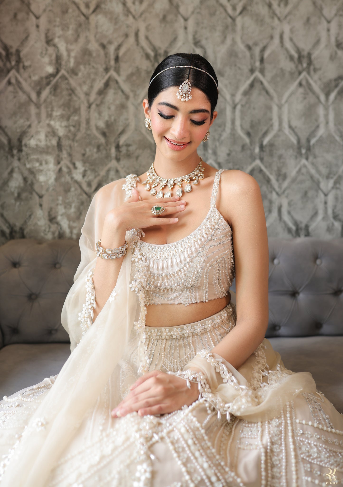 Tasheen Rahimtoola in Champagne Queen of Pearl Lehenga Set