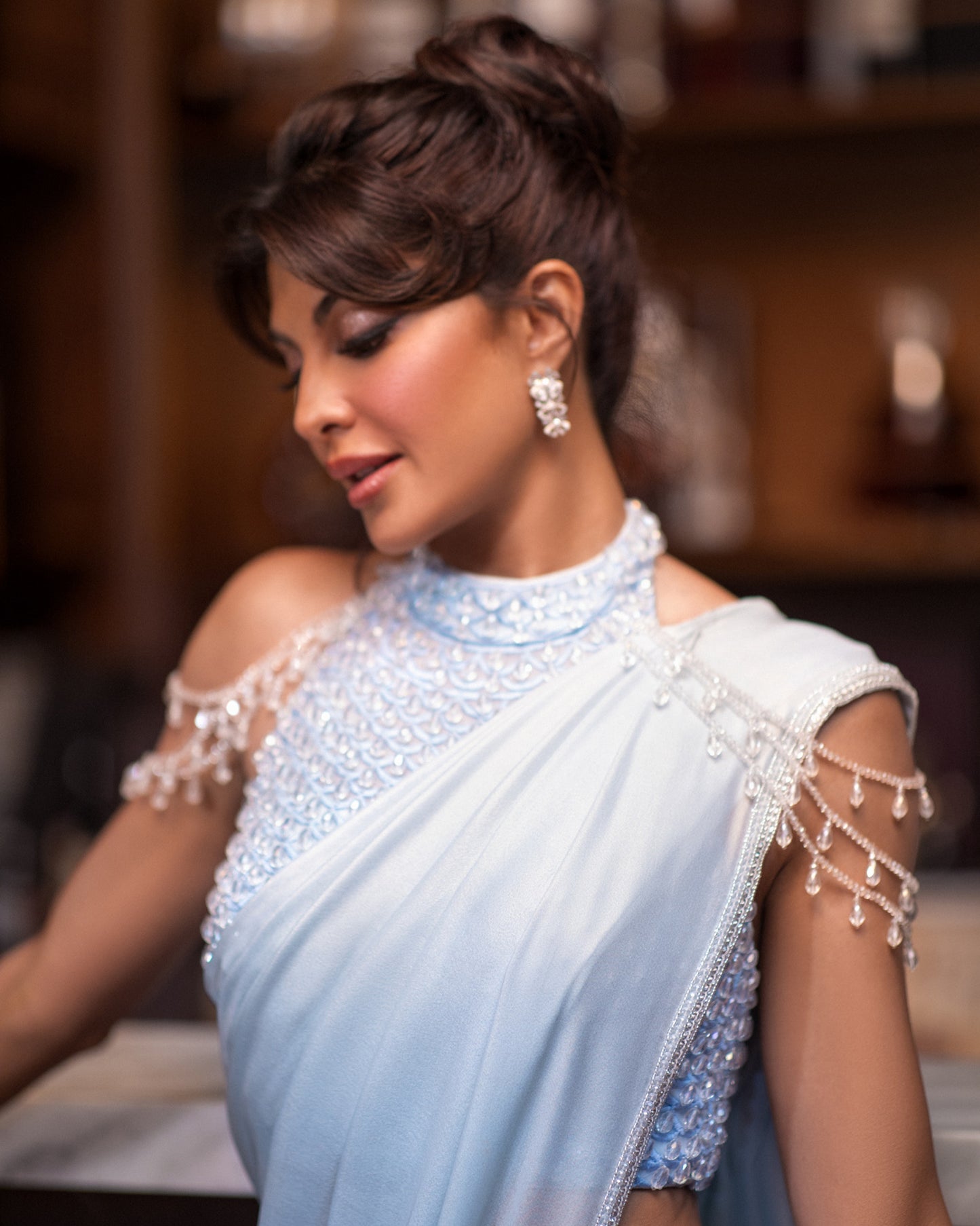 Jacqueliene Fernandez in Blue Georgette Embroidered Saree Set