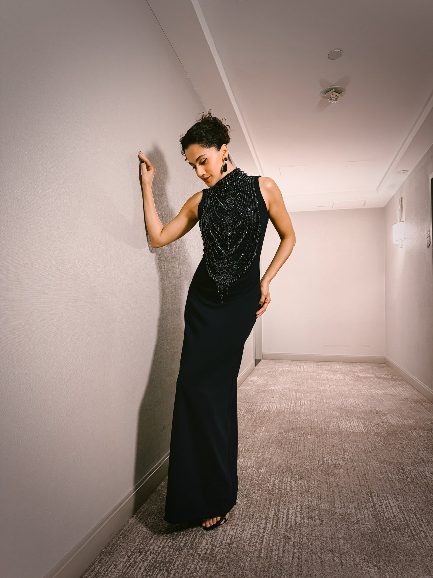 Tapsee Pannu in Navy Blue Scuba Georgette Embroidered Gown