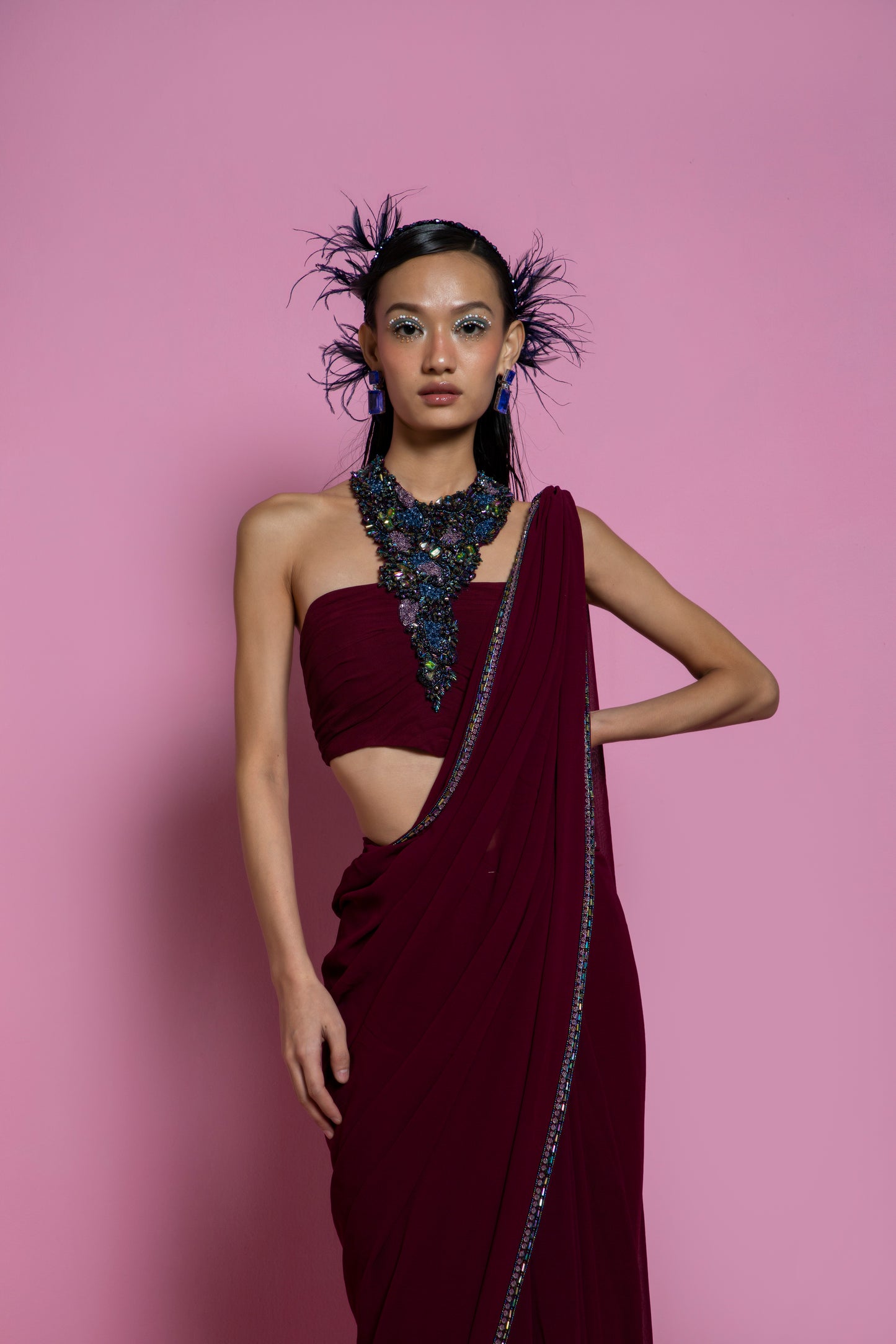Wine Tulle Saree Set