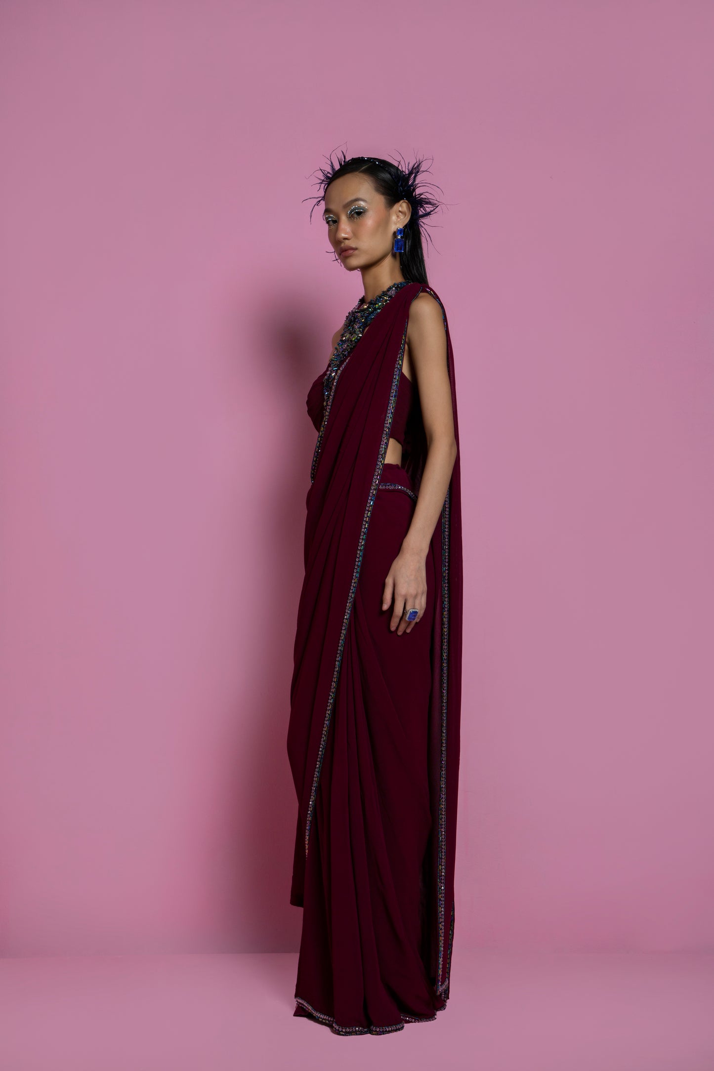 Wine Tulle Saree Set