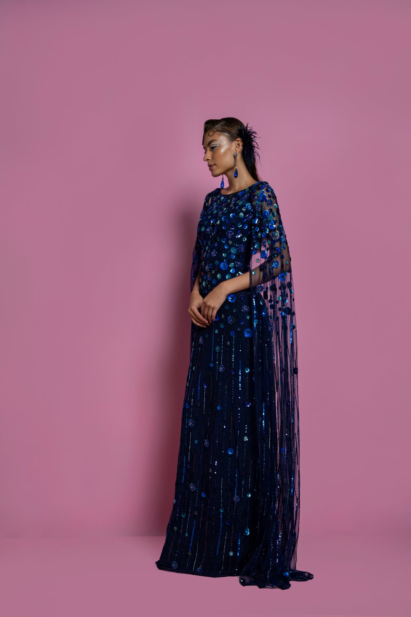 Dark Blue Net Embellished Gown