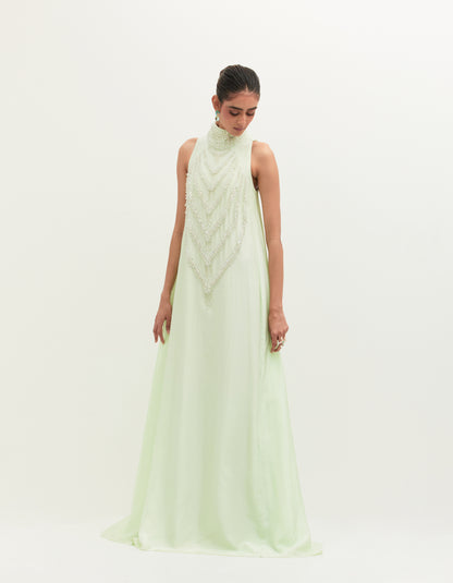 Mint Habutai Silk Embroidered Gown