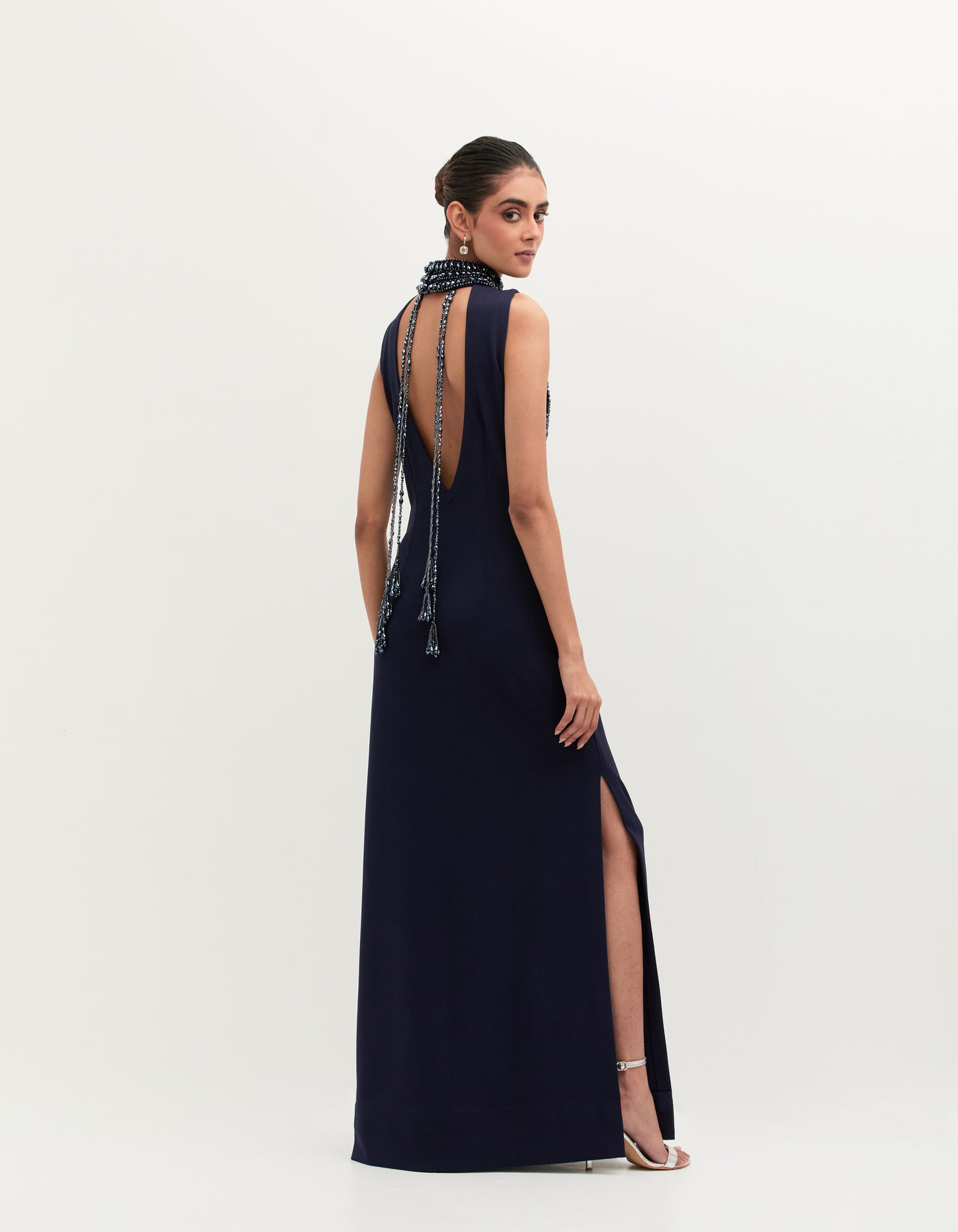 Navy Blue Scuba Georgette Embroidered Gown