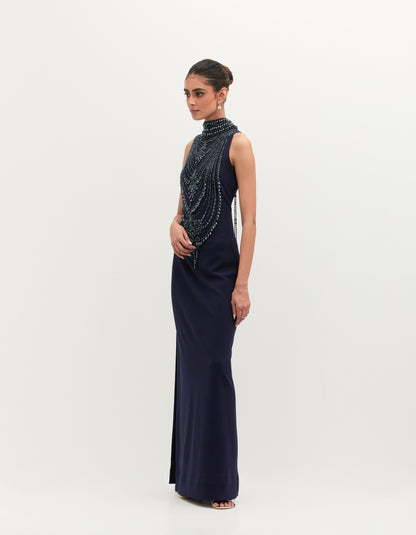 Navy Blue Scuba Georgette Embroidered Gown