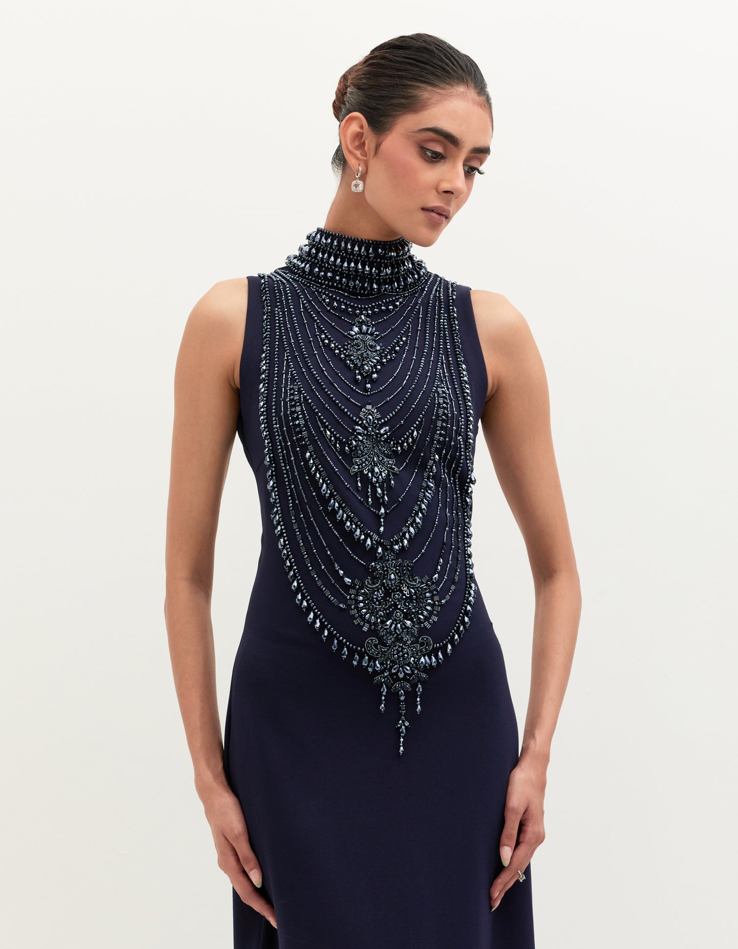 Navy Blue Scuba Georgette Embroidered Gown