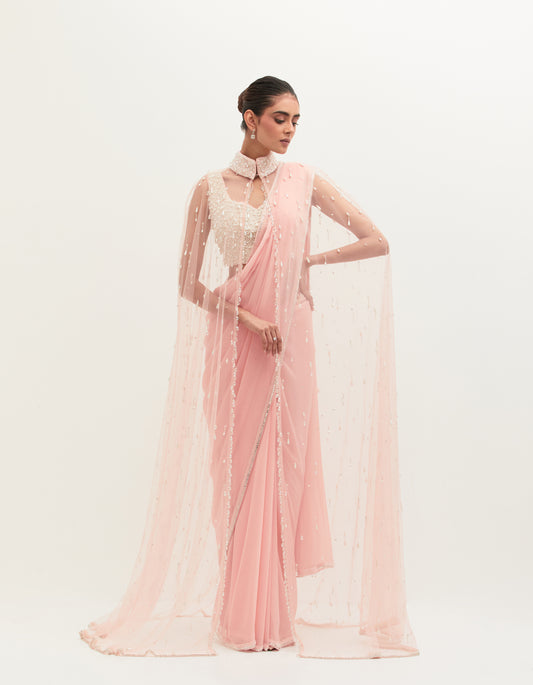 Pink Georgette Embroidered Saree Set