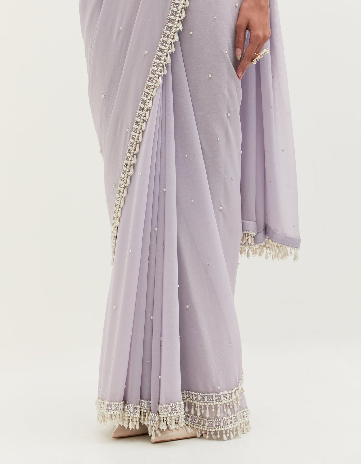 Lavender Georgette Pearl Embroidered Saree Set