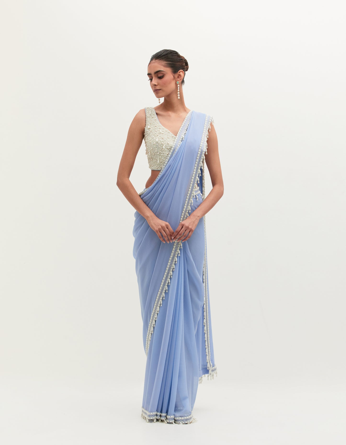 Blue Georgette Embroidered Saree Set