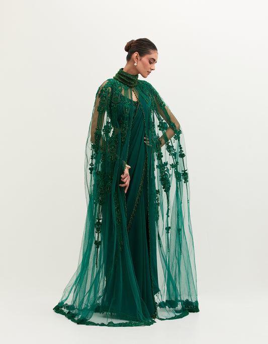 Emerald Green Georgette Embroidered Saree Set