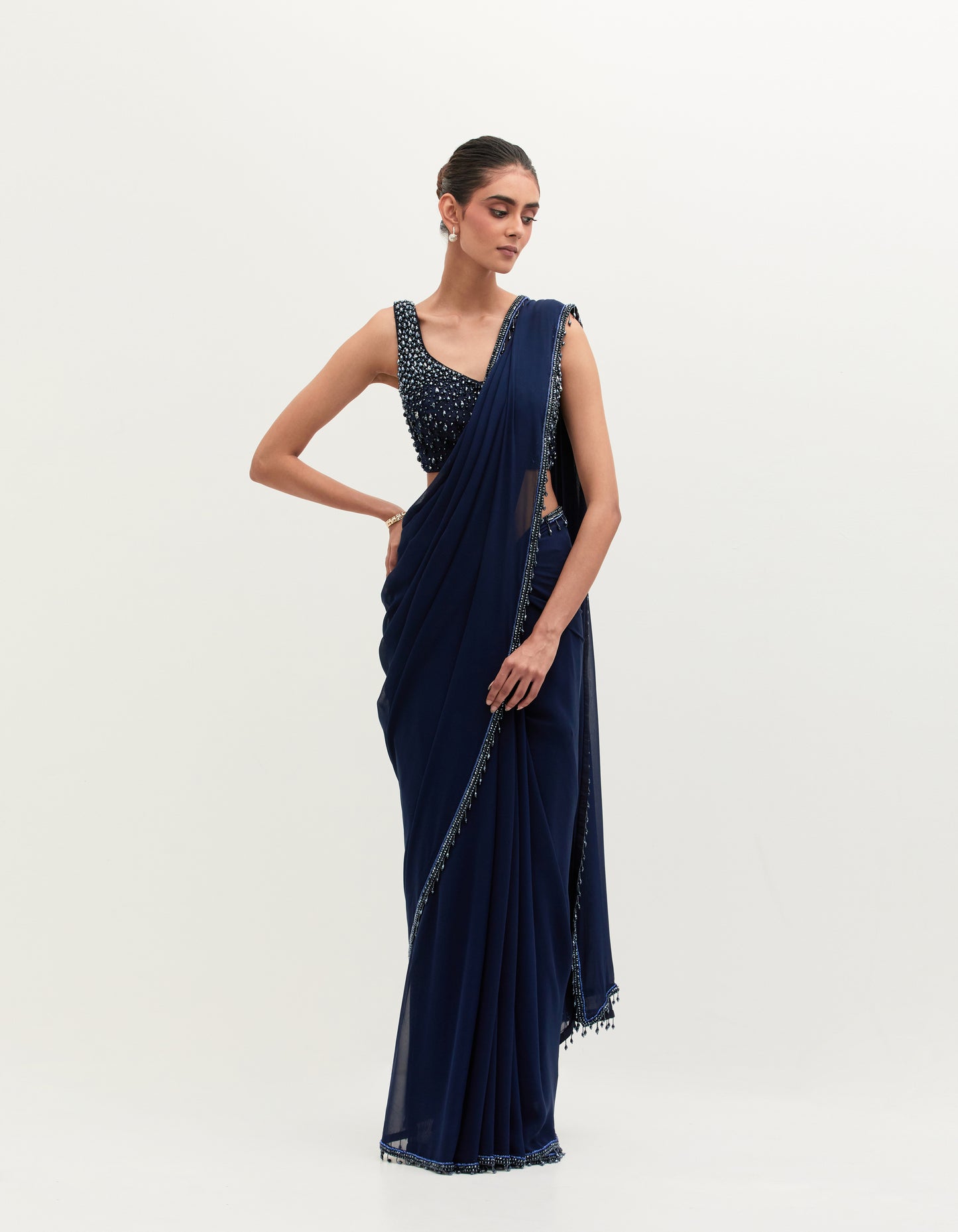 Navy Blue Georgette Embroidered Saree Set