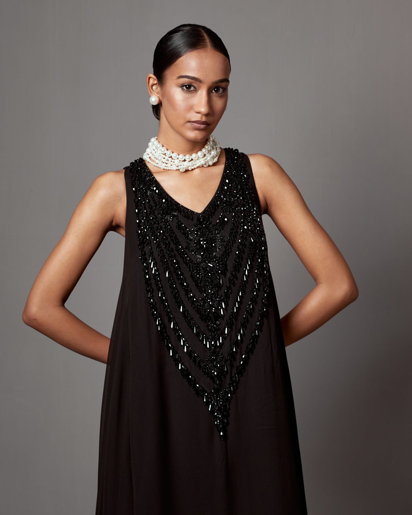 Black Georgette Crystal & Tassel Work Maxi Dress