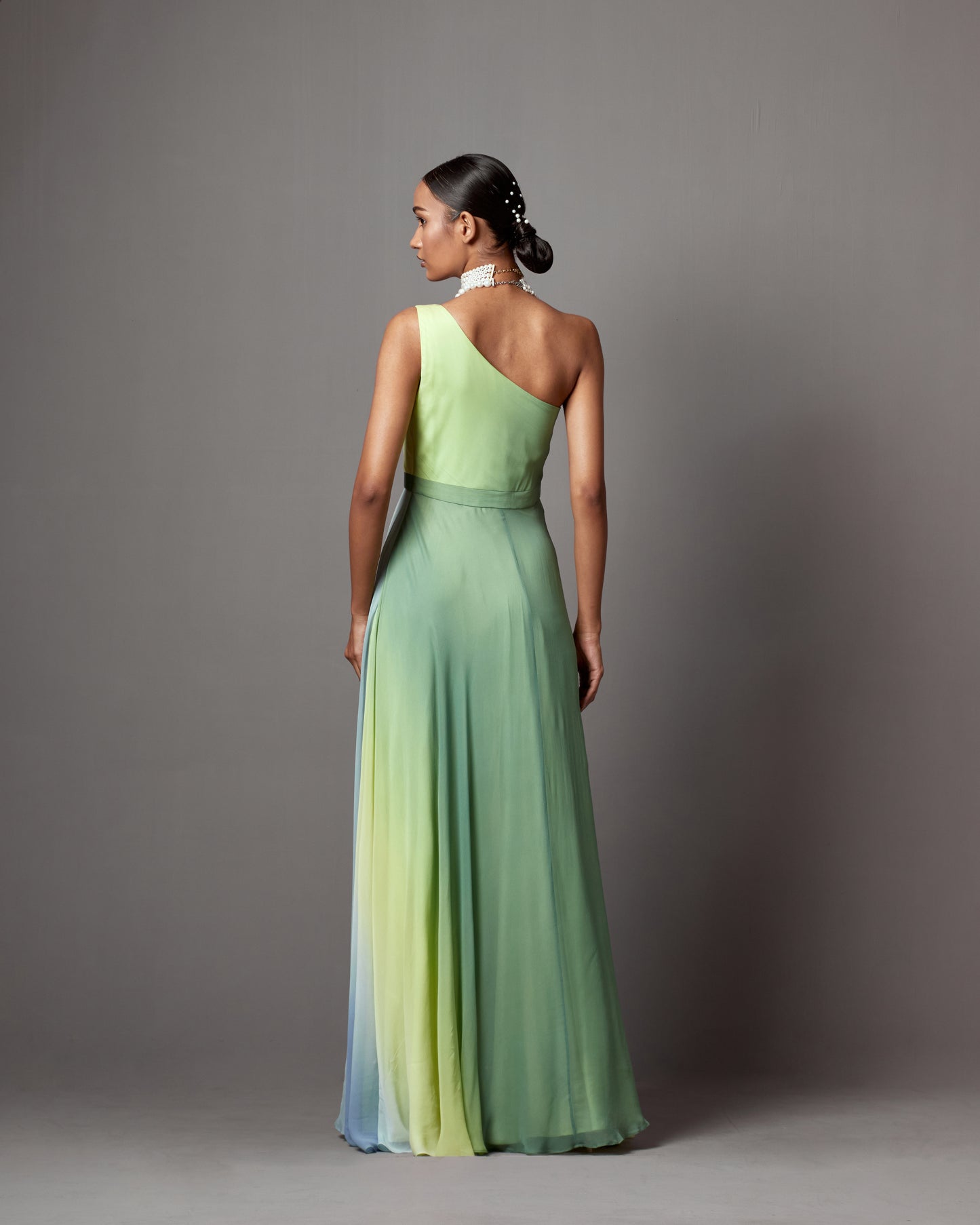 Lime Ombre Georgette Printed Draped Gown