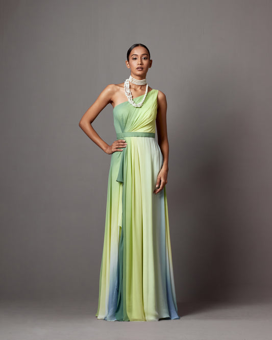 Lime Georgette Printed Draped Gown