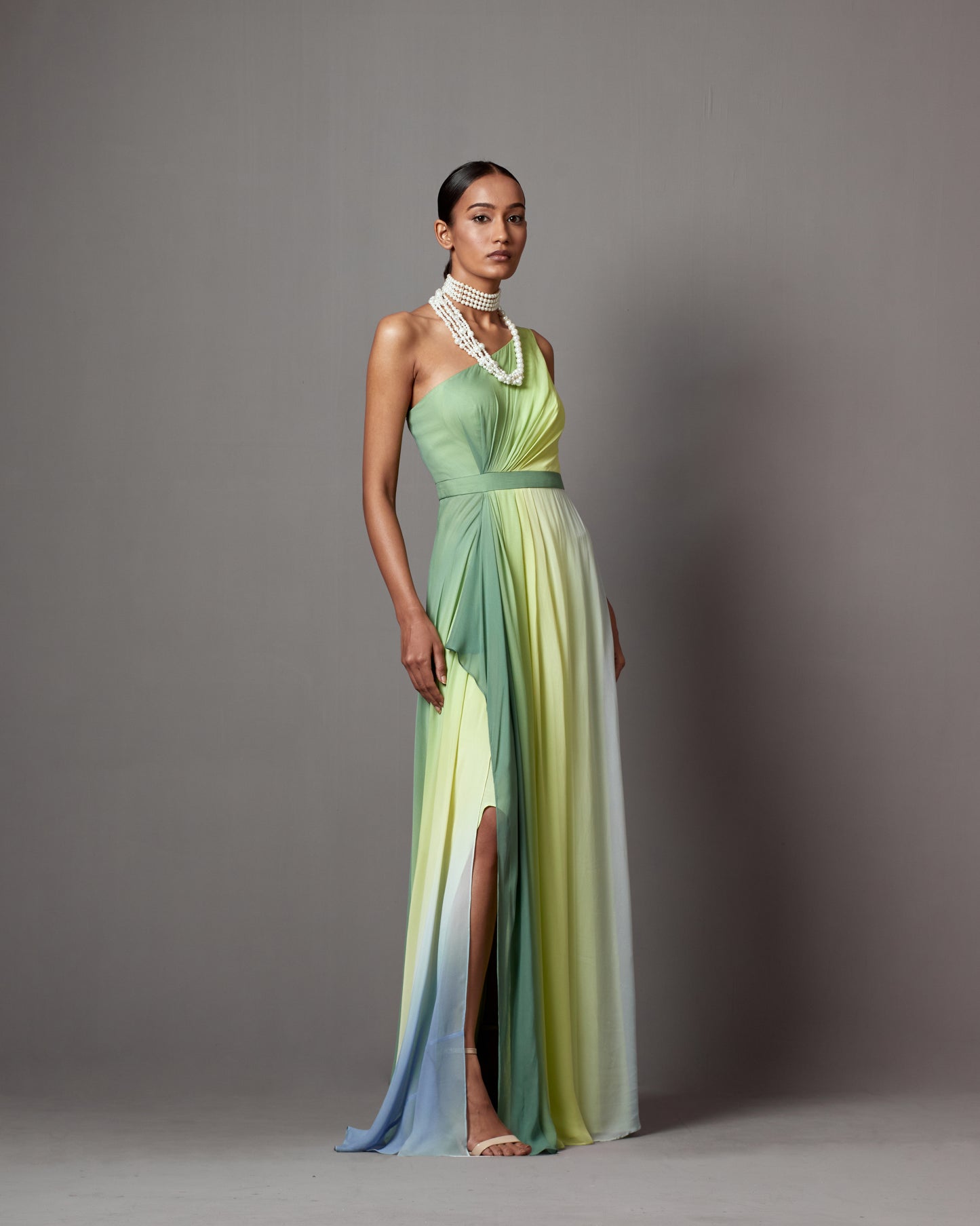 Lime Ombre Georgette Printed Draped Gown