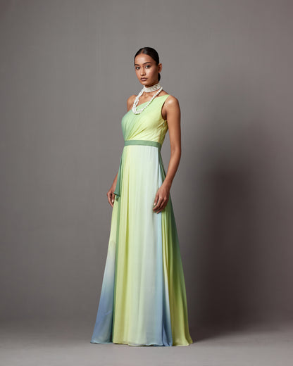 Lime Ombre Georgette Printed Draped Gown