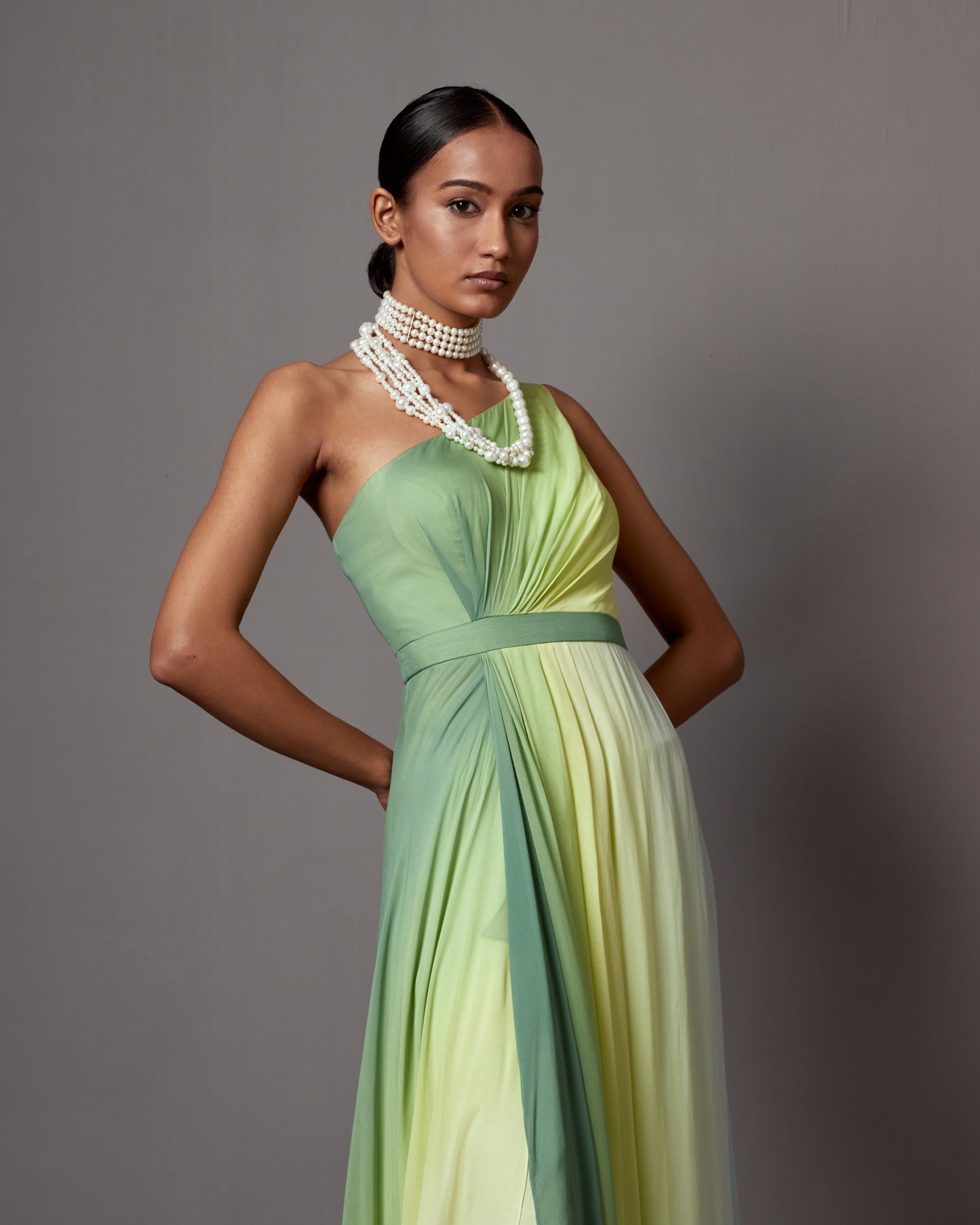 Lime Ombre Georgette Printed Draped Gown