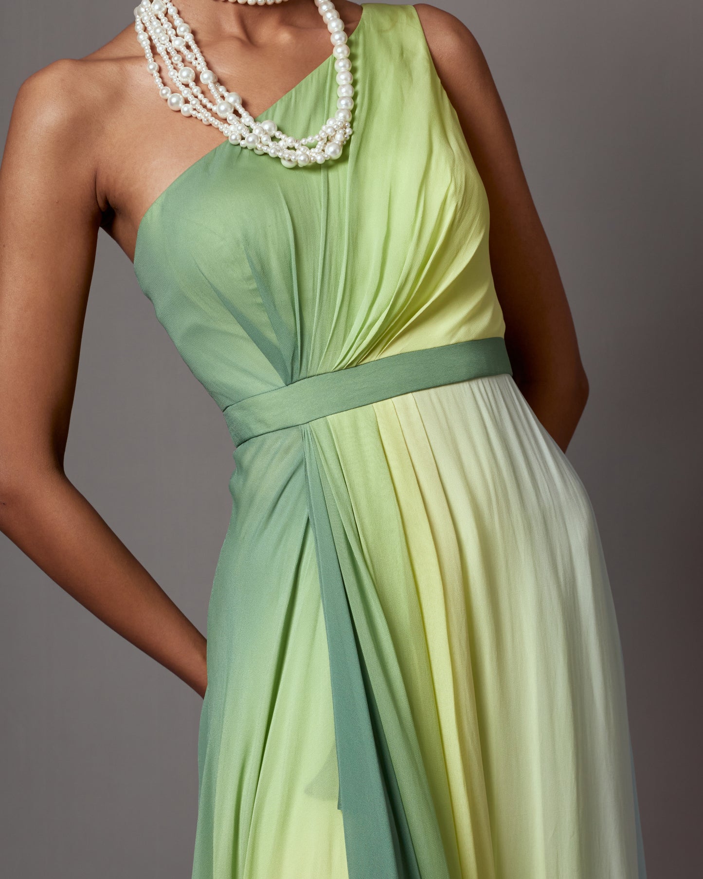 Lime Ombre Georgette Printed Draped Gown