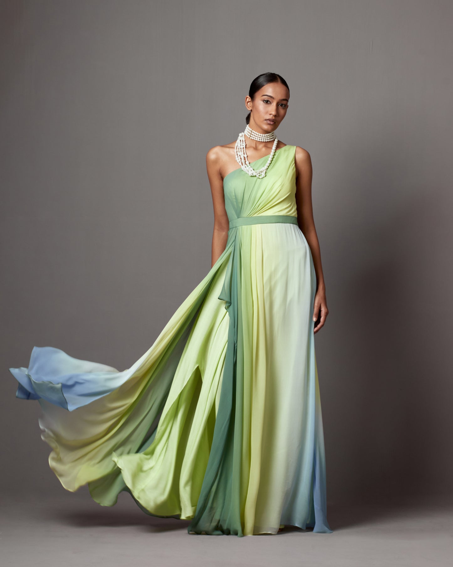 Lime Ombre Georgette Printed Draped Gown