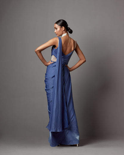 Dust Blue Satin Crepe Draped Gown Saree