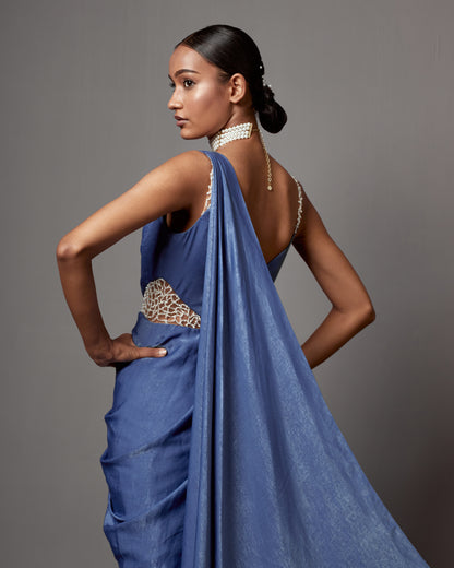 Dust Blue Satin Crepe Draped Gown Saree