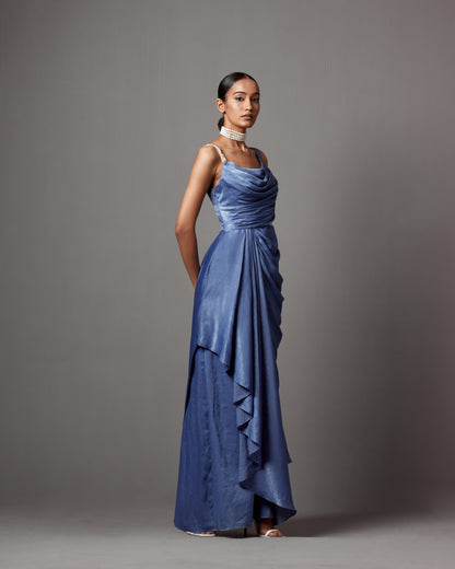 Dust Blue Satin Crepe Draped Gown Saree