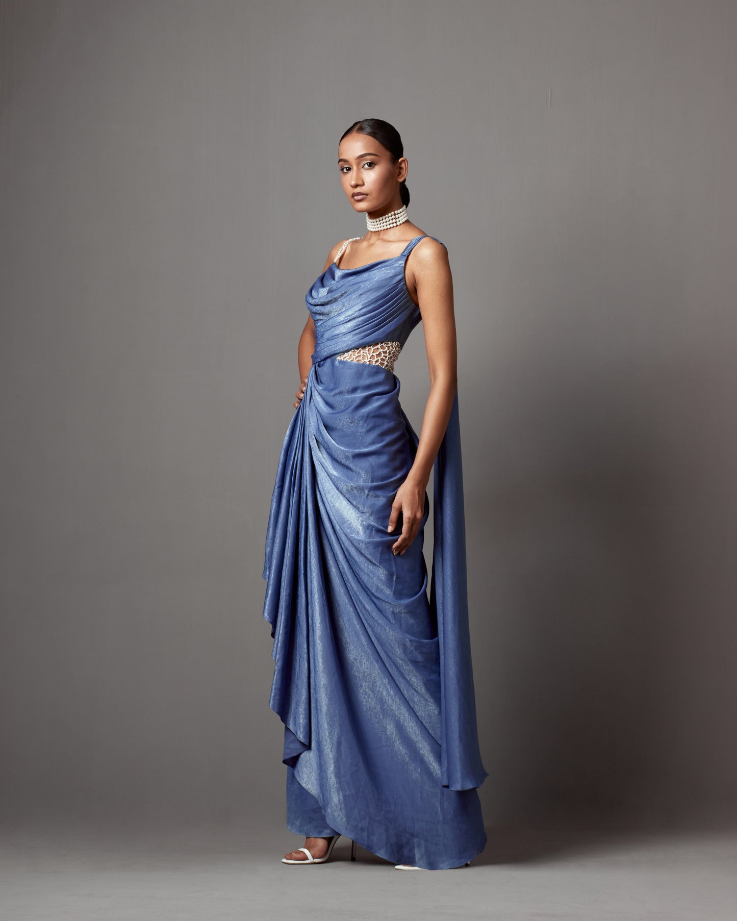 Dust Blue Satin Crepe Draped Gown Saree