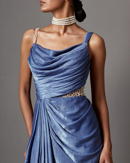 Dust Blue Satin Crepe Draped Gown Saree