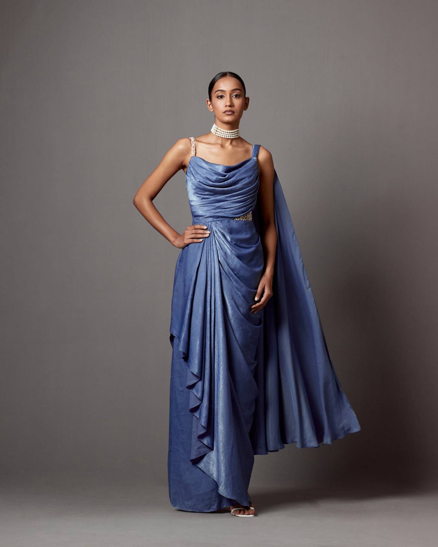 Dust Blue Satin Crepe Draped Gown Saree