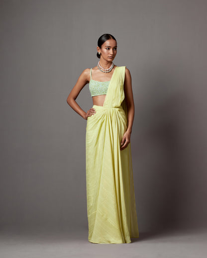 Lime Lurex Georgette Draped Saree Set