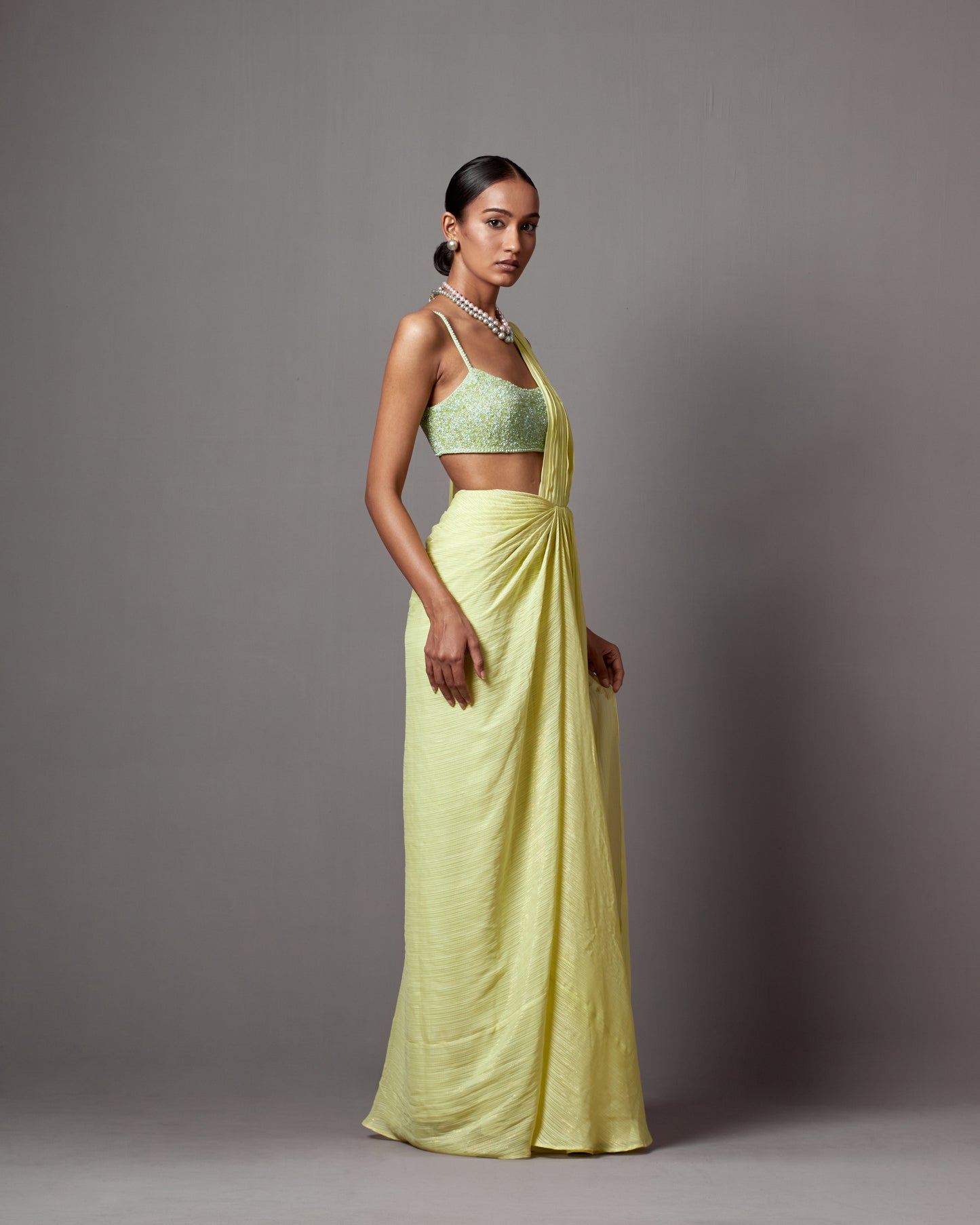 Lime Lurex Georgette Draped Saree Set