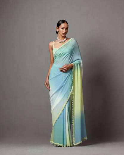 Blue & Green Ombre Georgette Sequins Saree Set