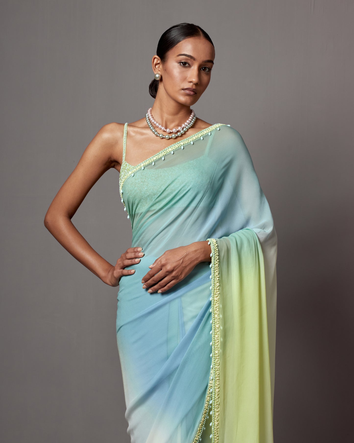 Blue & Green Ombre Georgette Sequins Saree Set