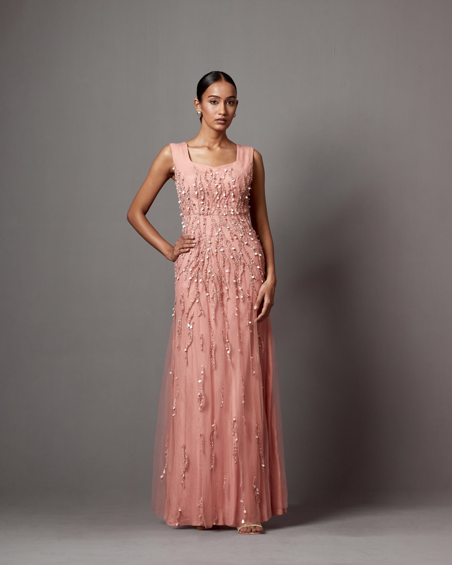 Dust Rose Embroidered Gown With Cape